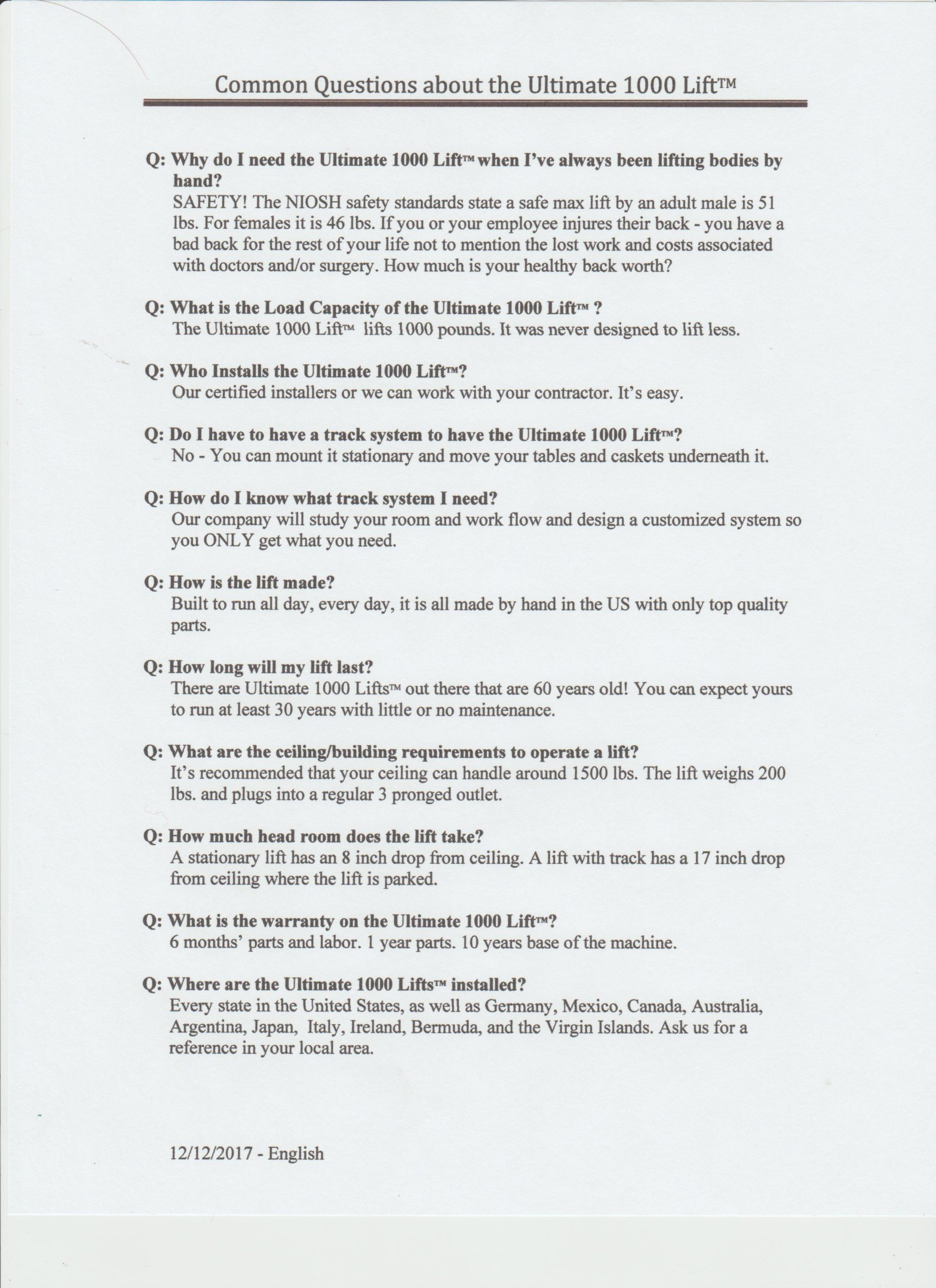 Forms and Common Questions Mortuary Lift